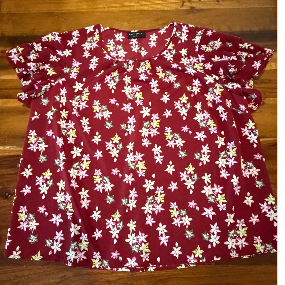 Lane Bryant Women 18 Red Floral Ruffle Short Sleeve Blouse Top